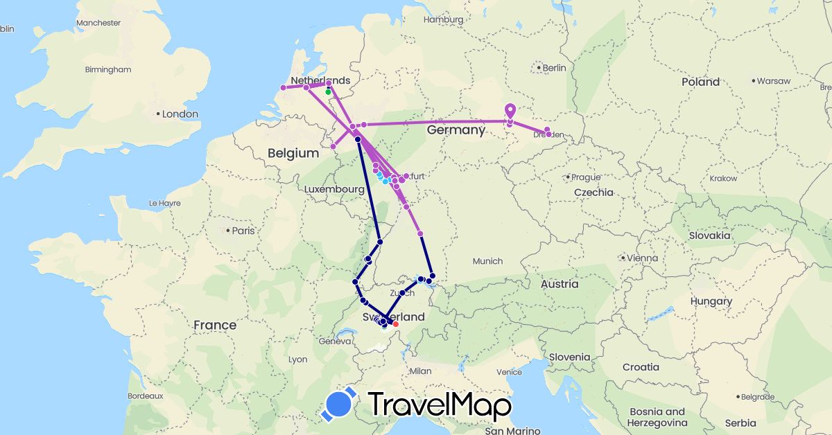 TravelMap itinerary: driving, bus, plane, train, hiking, boat in Switzerland, Germany, France, Netherlands (Europe)